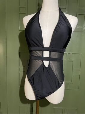 Black Mesh Cutout Halter One-Piece Swimsuit